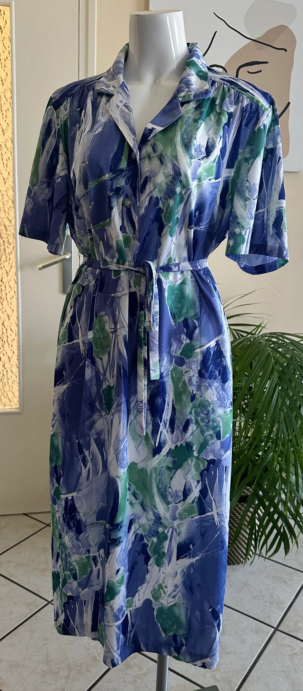 Vestido vintage con cinturón a juego talla 48/50 – Estado impecable – Azul y verde – photo 5